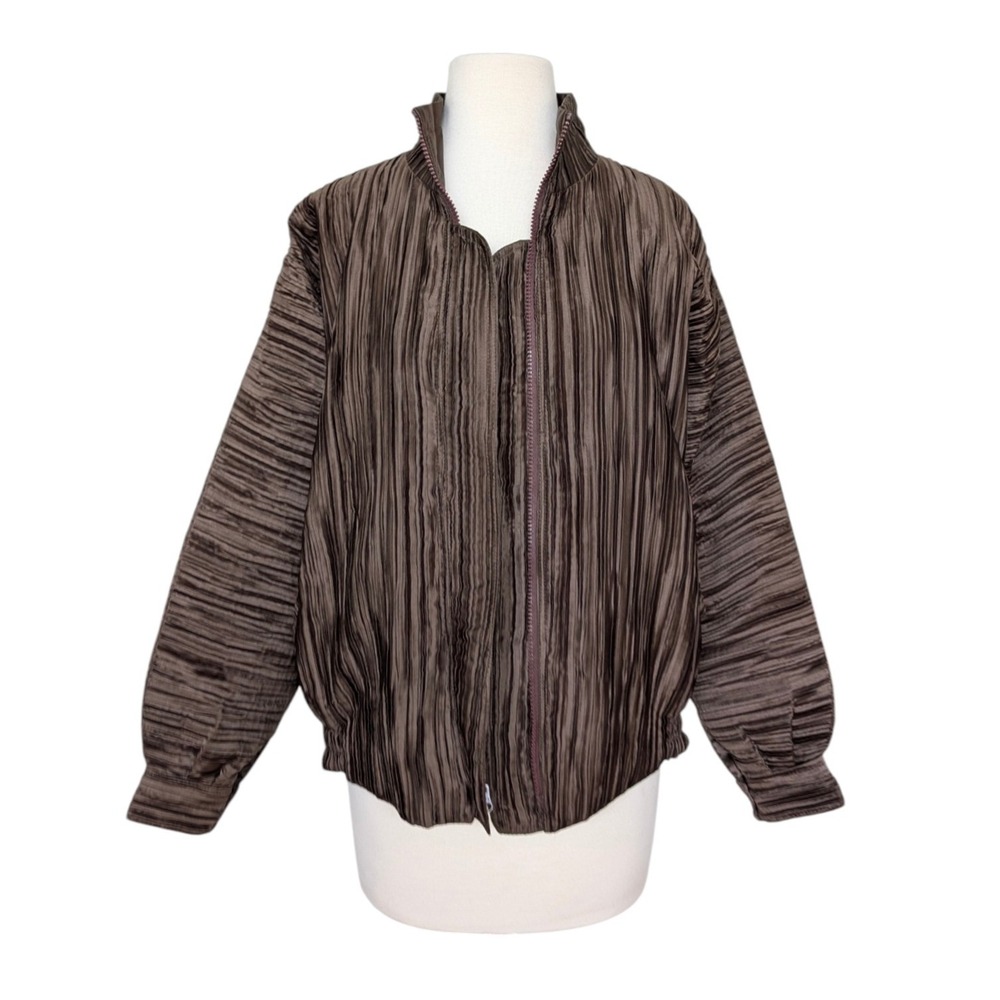 Reversible Brown Satin‎ Pleated Bomber Jacket Oversized Womens L XL